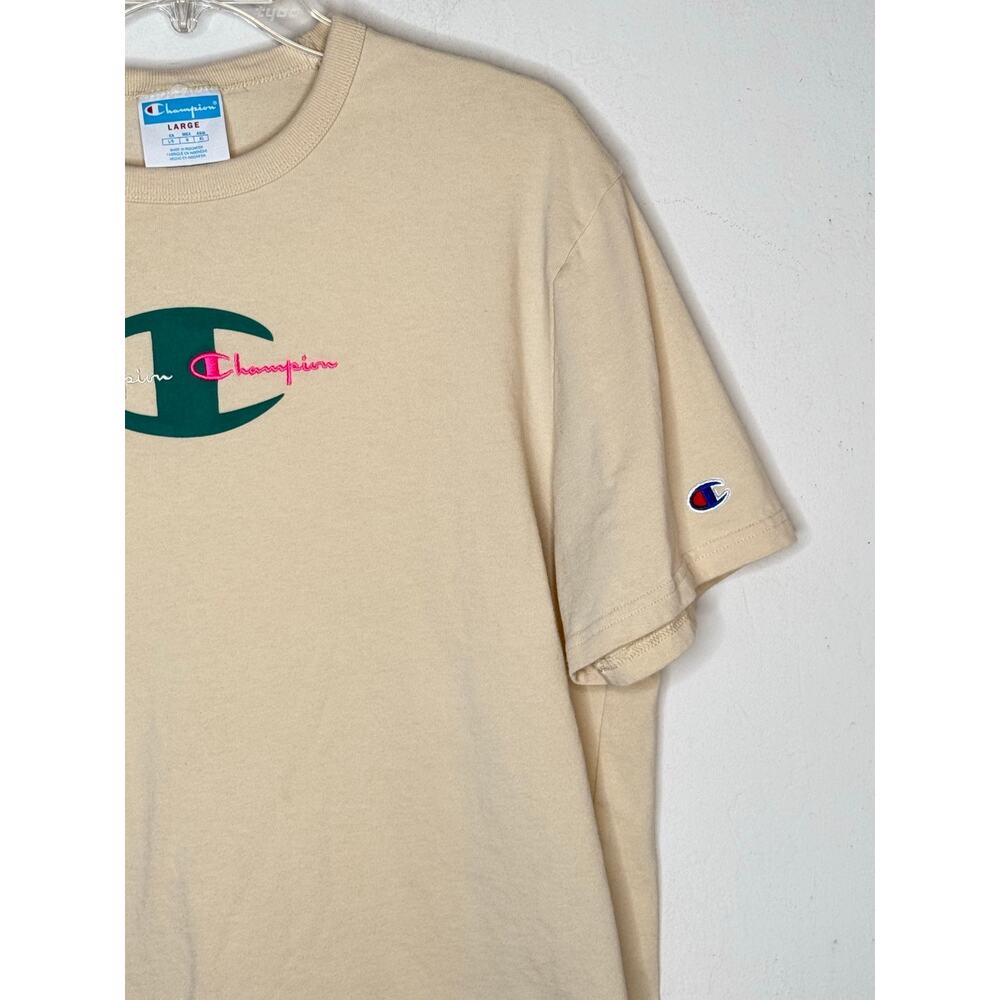 Champion‎ Logo Graphic Tee Beige Cream Short Sleeve Large Y2K Casual Streetwear - Picture 4 of 9
